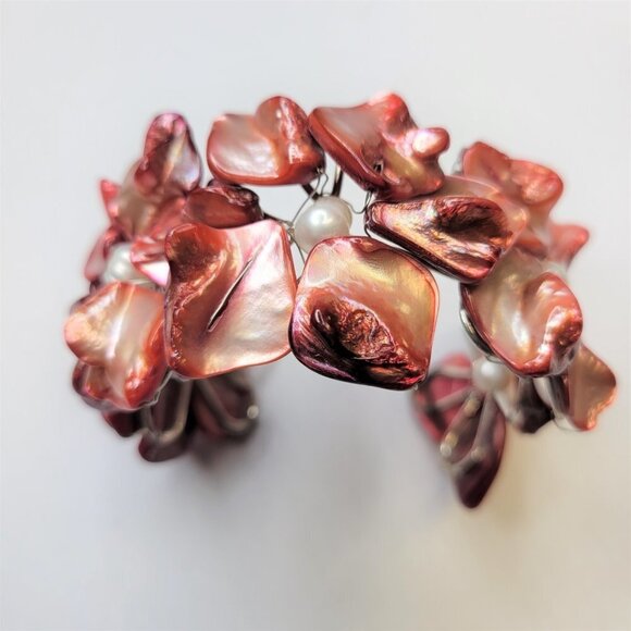 Wine Red Shell White Pearls Adjustable Cuff Bracelet Bangle - NEW - Picture 4 of 16